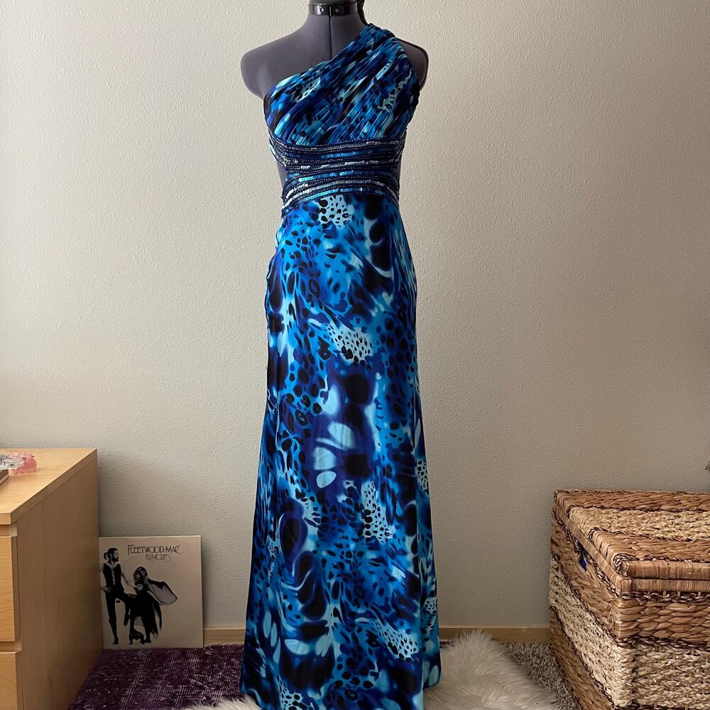 Y2K Vintage 2000s Blue Animal Print Beaded Gown Prom Dress Wedding Guest Mcbling